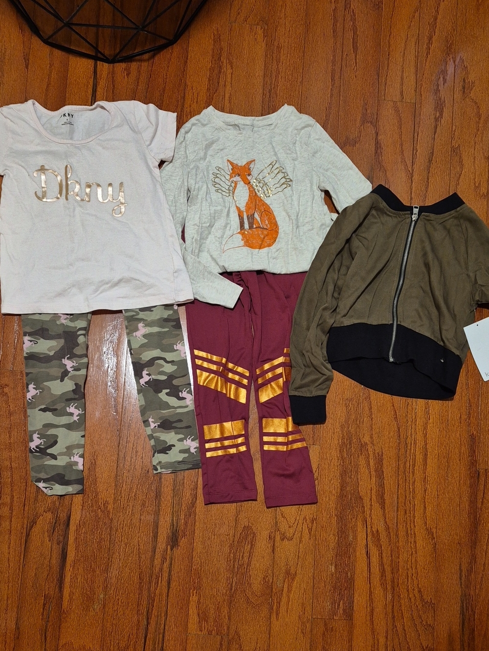 DKNY Pink Tee, Kensie Olive Bomber, Maroon Leggings & Camo Pants Set Bundle